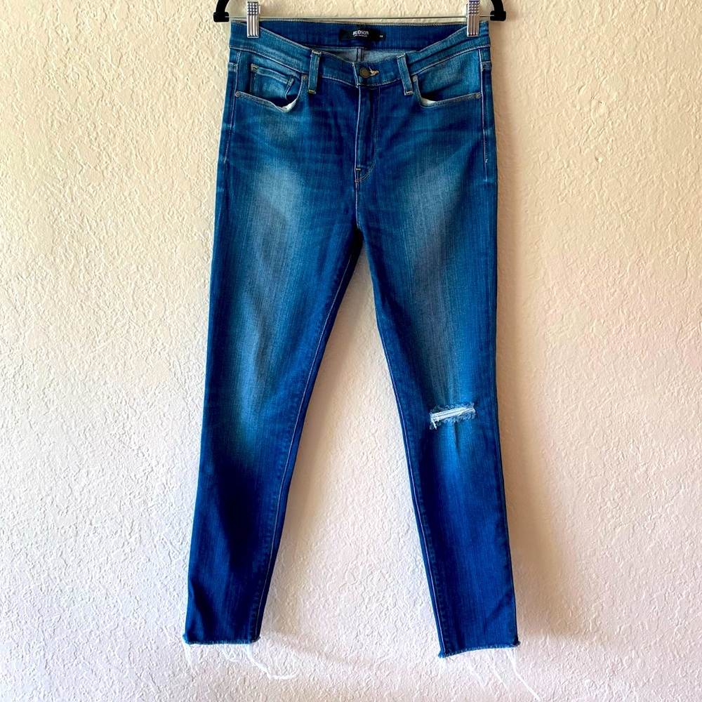 Hudson Mid-Rise Nico Super Skinny Jeans Size 29 Distressed Ripped Blue Denim